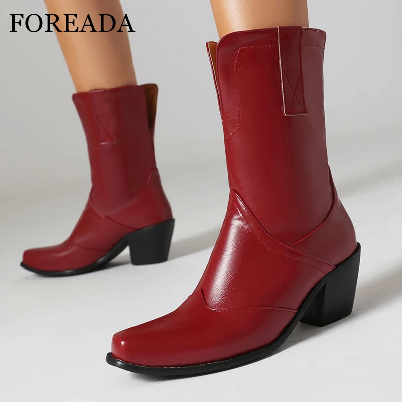 

FOREADA Women PU Leather Mid Calf Boots Square Toe Chunky High Heels Concise Ladies Fashion Shoes Autumn Winter Black Red Brown