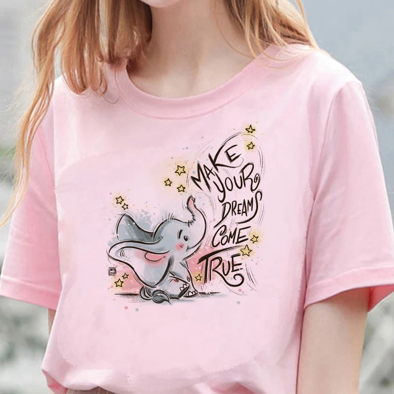 

Kawaii Disney Elephant Dumbo T Shirt Women Summer Tops Cartoon Unisex Harajuku Graphic Tees Korean Style Kids T-shirt Female