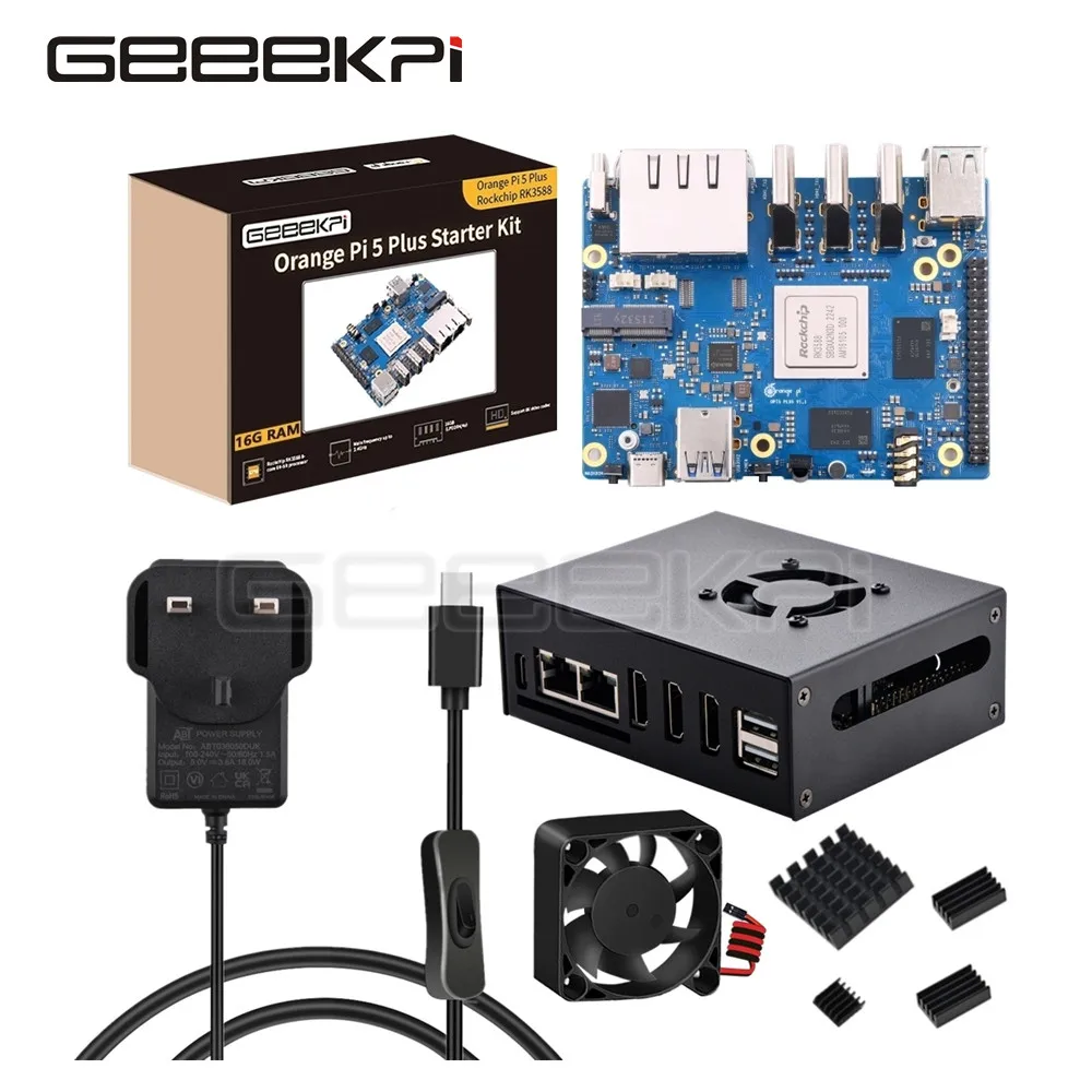 GeeekPi Orange Pi 5 Plus 16 ГБ с гнездом eMMC, OPi 5 Plus металлическая искусственная кожа, блок питания 5 В 3,6 А, вентилятор 40 мм, 4 алюминиевых радиатора