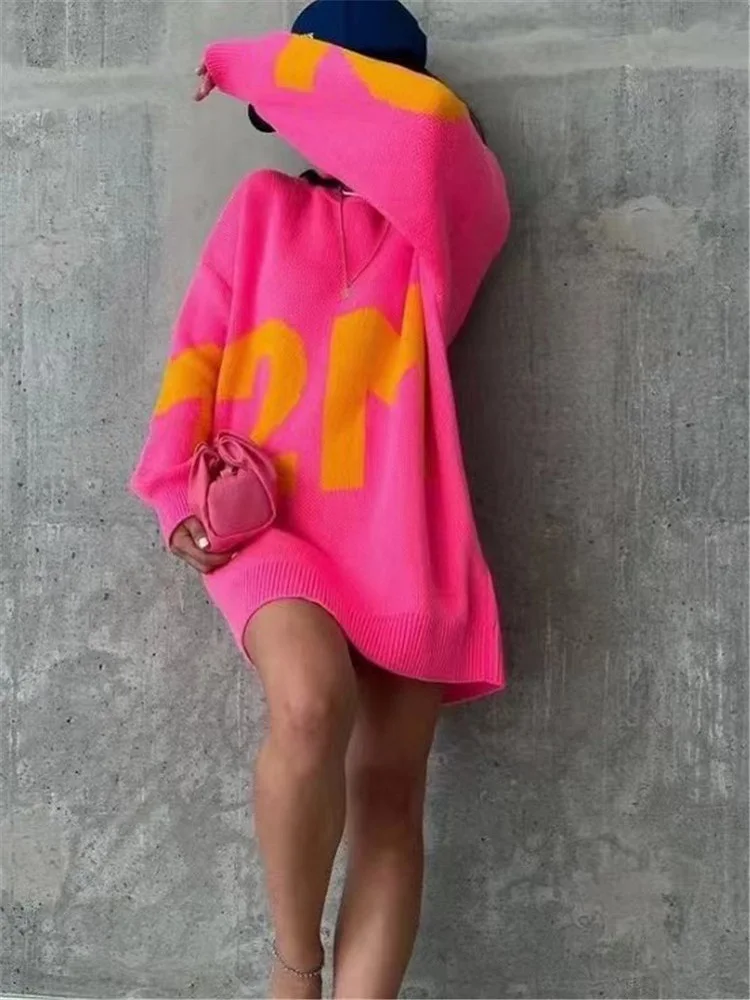 

Women Loose Letter Printed Midi Sweaters Oversized O-Neck Long Sleeve Knitted Pullover Autumn Thick Warm Female Sweater Dresses