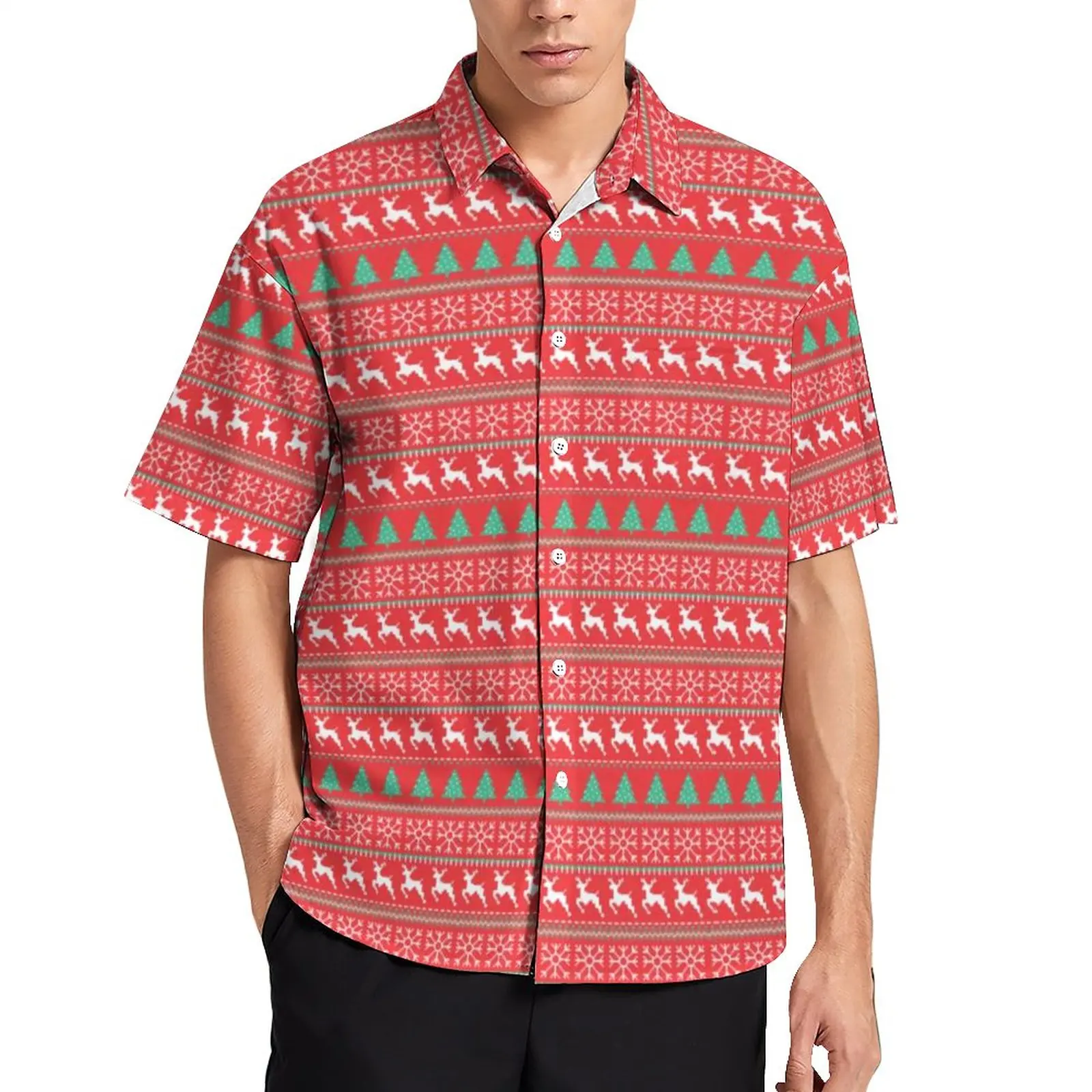 

Рубашка в скандинавском стиле с изображением животных для отпуска, Гавайские повседневные рубашки с рождественским принтом, мужские модные блузки с коротким рукавом, Графический Топ