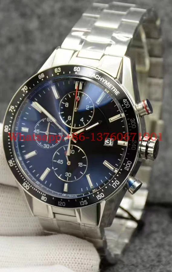 Lurury New Men Quartz Chronograph Watch Stainless Steel Black Leather Strap Fashion Casual Watches 44mm
