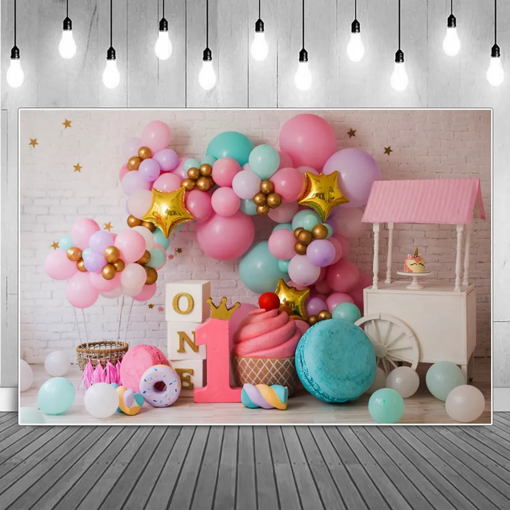 

1st Baby Birthday Decoration Photography Backdrops Pink Flowers Crown Stars Balloons Viny Carriage Brick Wall Party Backgrounds