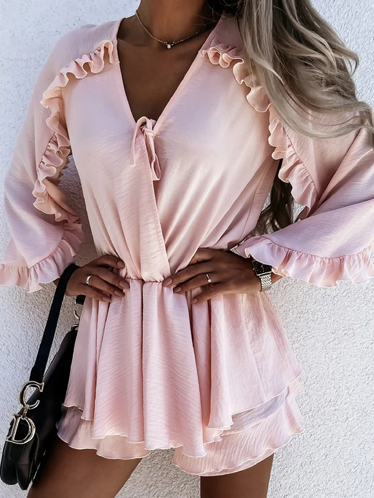 

Solid Frill Trim Surplice Neck Tie Front Layered Rompers Women Playsuit