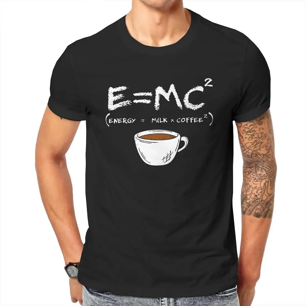 Energy=Milk+Coffee Physicist Formula E = MC2  T Shirts for Men Cotton Unique T-Shirt O Neck  Tees Short Sleeve Clothes Plus Size