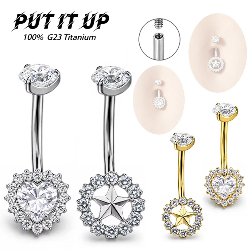 Фото Пирсинг для пупка PUTITUP 14G из титана ASTM F136, изогнутый штанга-кольцо с цирконами в форме сердца и звезды, гипоаллергенный №1