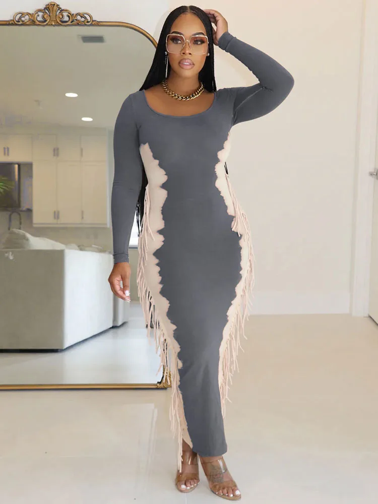 Лоскутное повседневное платье макси с кисточками женское элегантное вечернее