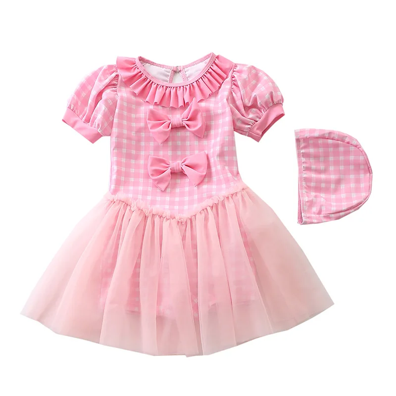 

Toddler Baby Girls Swimwear Lace Puff Sleeves One Piece Girls Swimsuit with Hat Children Swimwear Kids Beach Wear Bathing Suit