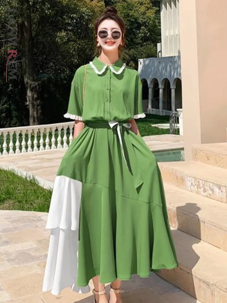 

LANMREM Ruffle Dress 2022 Summer New Stitching Color Block Short Sleeves Loose Belt Dresses For Feamle Korean Style 2R2328