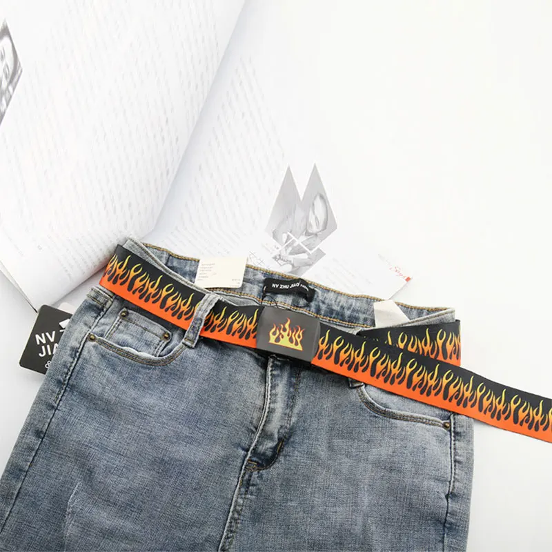 

Punk Canvas Belt Women Men Harajuku Letter Flame Printing Long Waist Strap D Ring Buckle Black White Female Trouser Jeans Belts