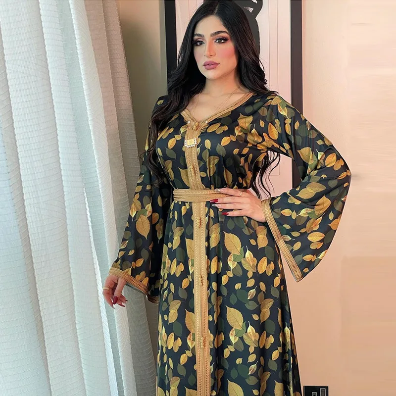 Women's Jalabiya Printed Long Belt Dress Dubai Abaya Turkey American Clothing Muslim Robe Abayas for Women 2022 Ramadan