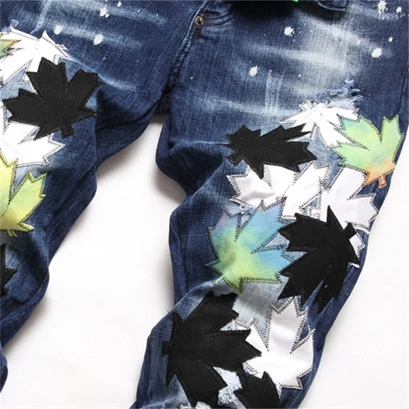 EH·MD® Leaf Embroidery Men's Jeans Speckled Soft Casual Loose Cotton Elastic Denim Pants Frayed Wrinkles Slim Fit Seasonal New 2