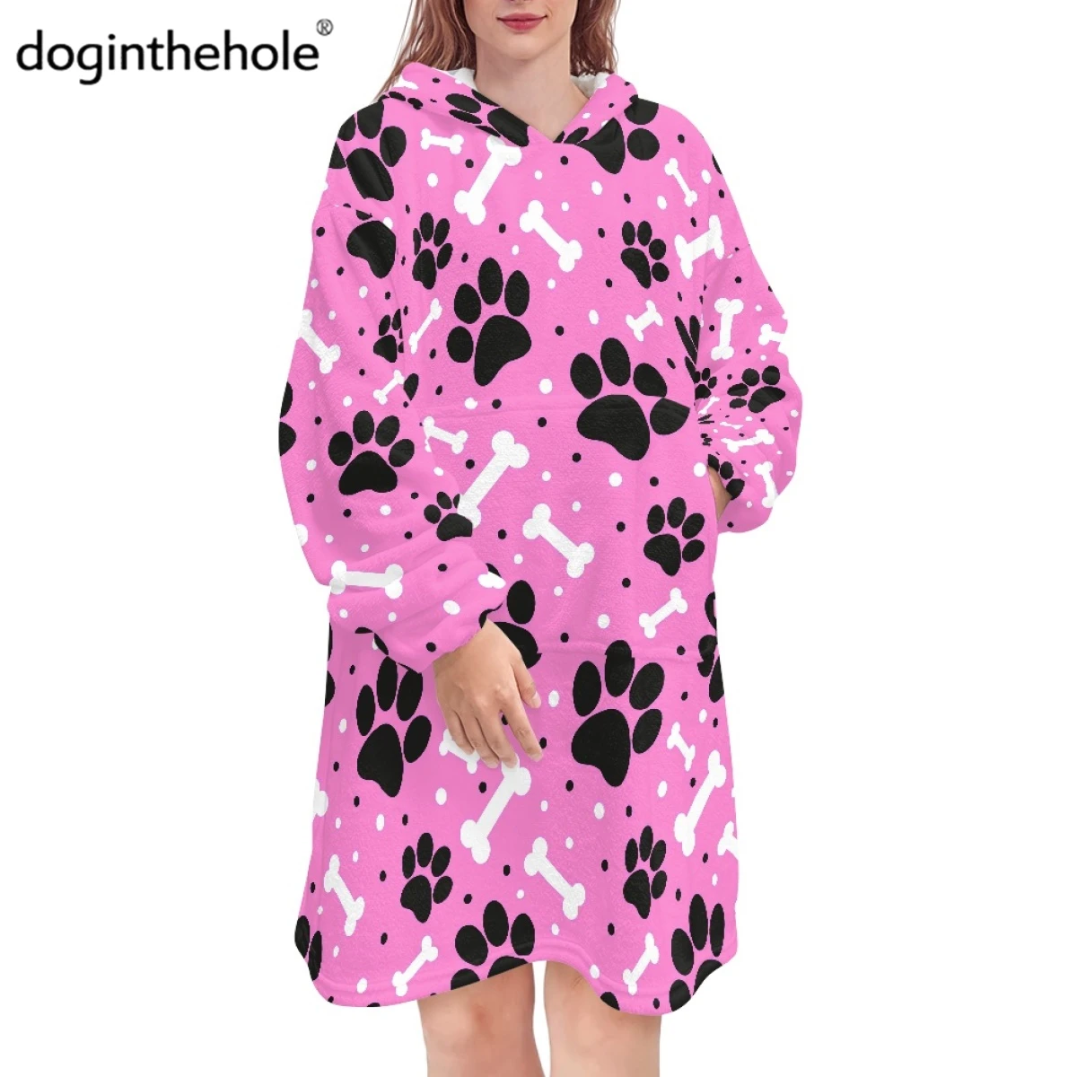 

Doginthehole Fashion Women Hooded Sleepwear Dog Footprint Oversized Nightdress for Female Winter Warm Comfort Onesies Home Cloth