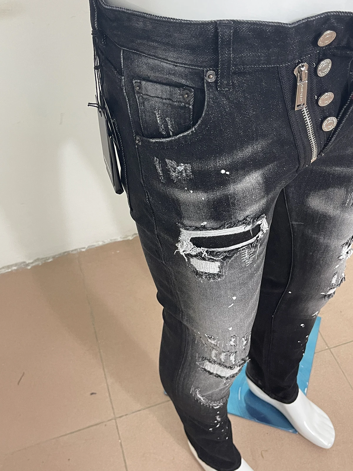 2023 Autumn Grey Jeans Men's D-d2 jeans Washed Slim Slim Elastic Full Stripe White Dot Offset Printed Letter Worn Hole