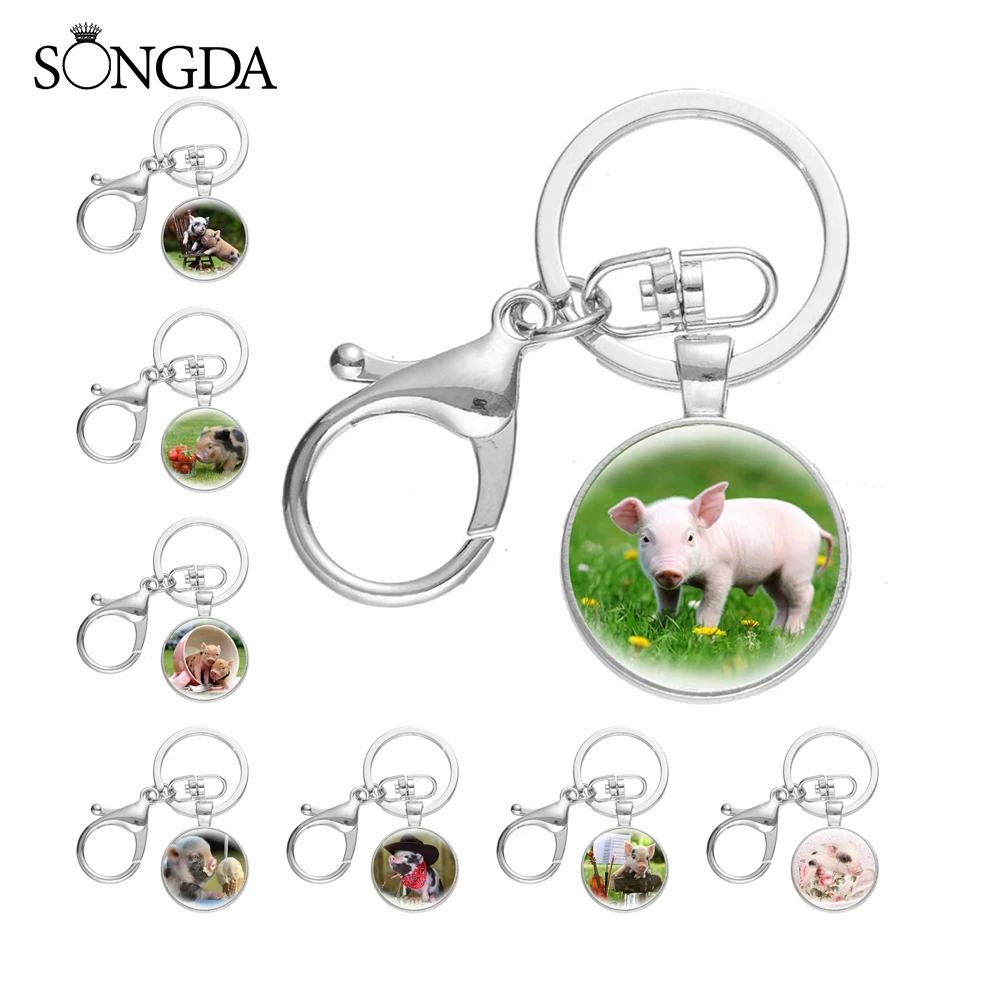 

Kawaii Pet Pig Lovely Piggy Keychain Cartoon Round Glass Dome Lobster Clasp Buckle Key Holder Backpack Jewelry Trendy Pendants