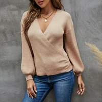 sexy v neck front cross women knitting pullovers thick winter loose solid color sweaters lantern long sleeve autumn jumpers tops