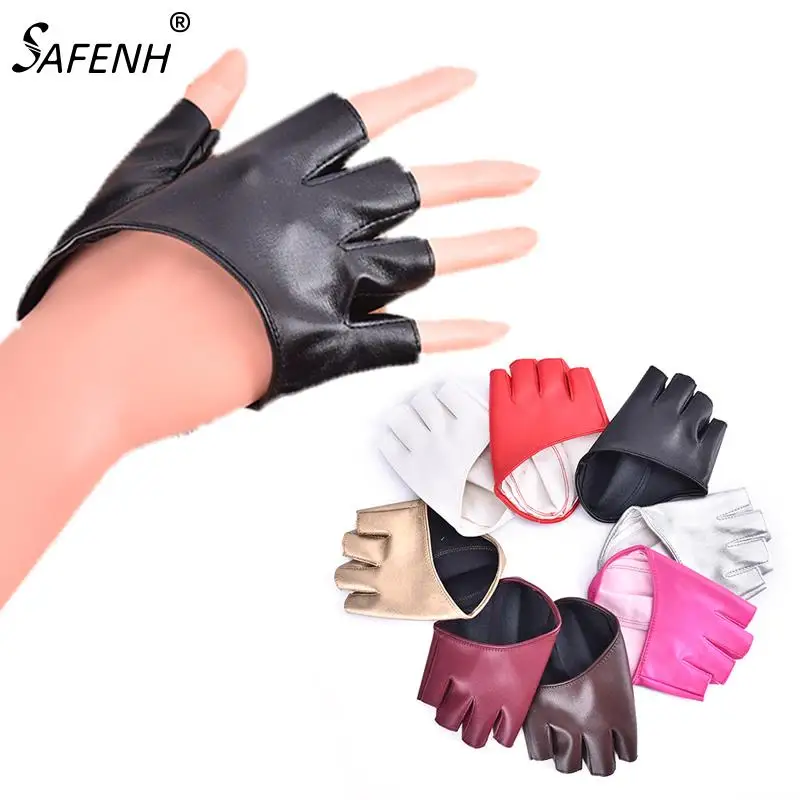 

PU Leather Black Half Finger Gloves Ladys Driving Show Pole Dance Mittens For Women Men Heart Gothic Lolita Cosplay Party Gloves