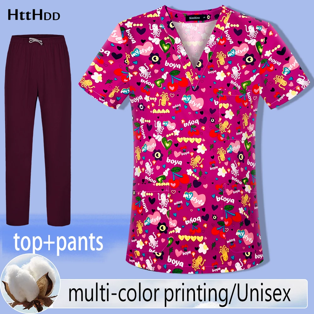 

Women Cartoon Nurse Medcial Uniform Shirts Short Sleeve V-neck Tops Working Uniform Print Blouse Clothes Wholesale Nursing Scrub