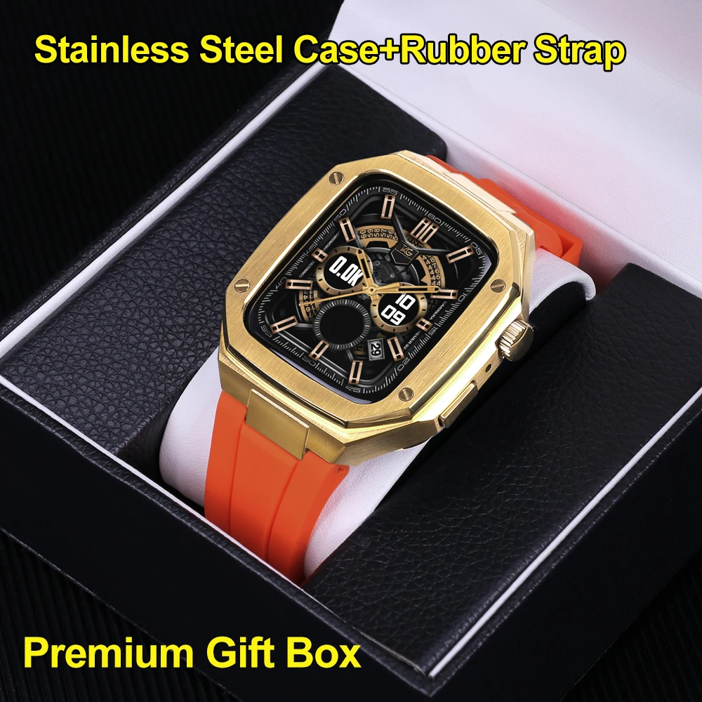 Luxury Metal Case+strap for Apple Watch band 45mm 44mm Leather Stainless Steel For iWatch 8 7 65 Modification Kit watch case Mod