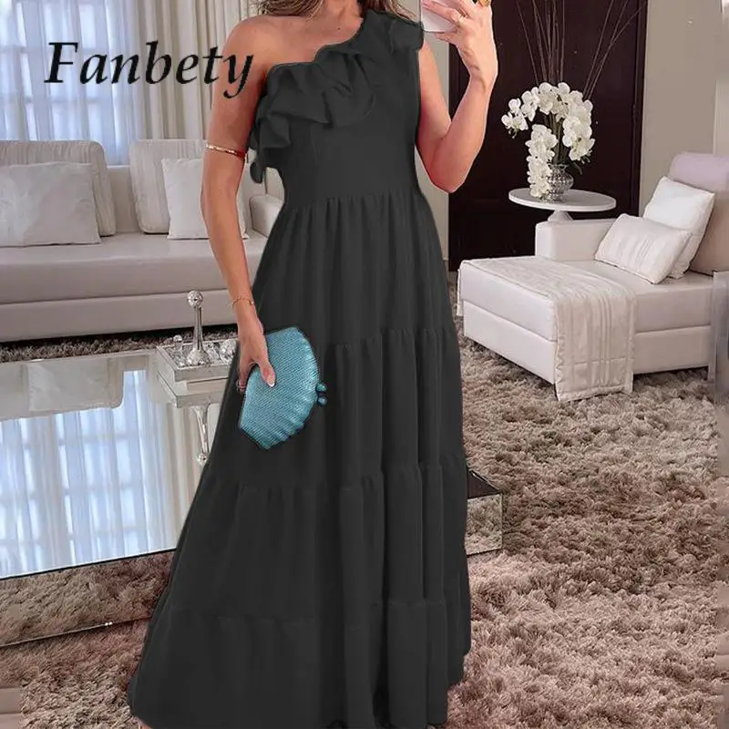 

2024 Banquet Solid Lady Waist Party Dress Female Sexy Pleat Ruffles Maxi Dress Elegant Diagonal Collar Sleeveless A-line Dresses