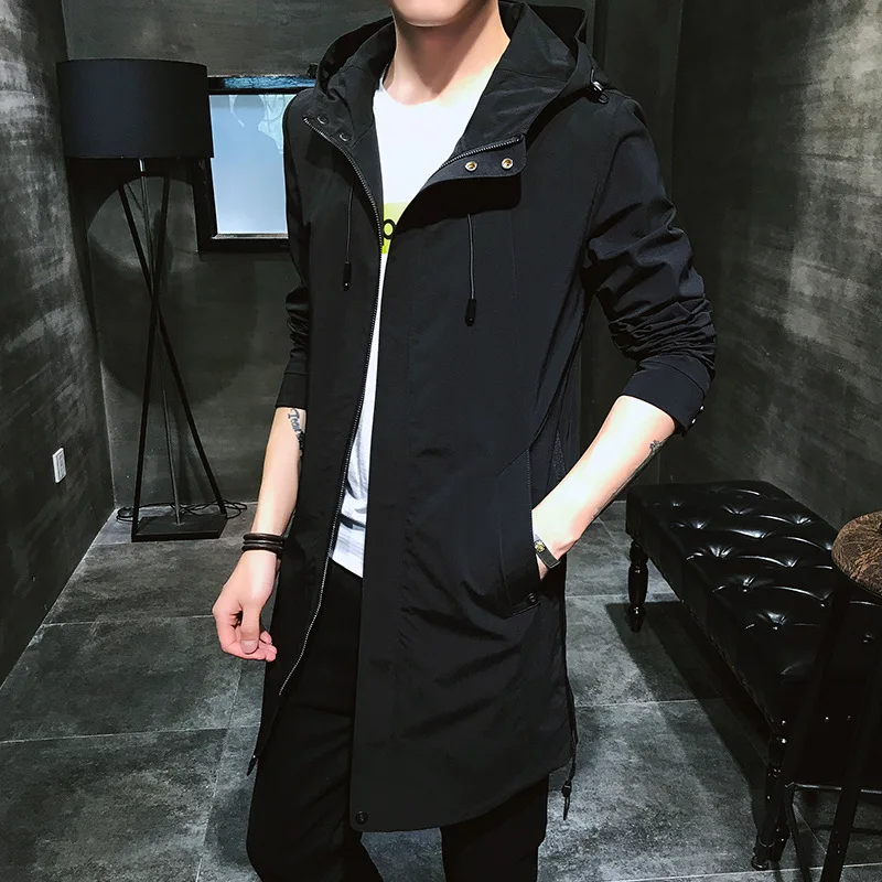 Spring and Autumn Windbreaker 2023 New Men's Casual Hooded Mid-length Jacket Korean Version Slim Solid Color Coat Thin Coat Men