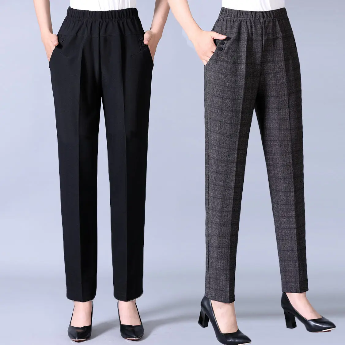 

2022 New Winter Warm Velvet Women Plaid Stripe Pant Full Length High Waist Clothing Fitness Trousers with Pocket Clothes X82