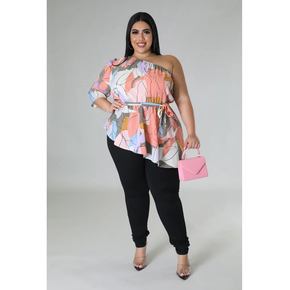 Plus Size Women Floral Tops One Shoulder Shirt For Lady Fashion Casual Outfit Female Belt Cloth 2023 Spring Large Size Tops