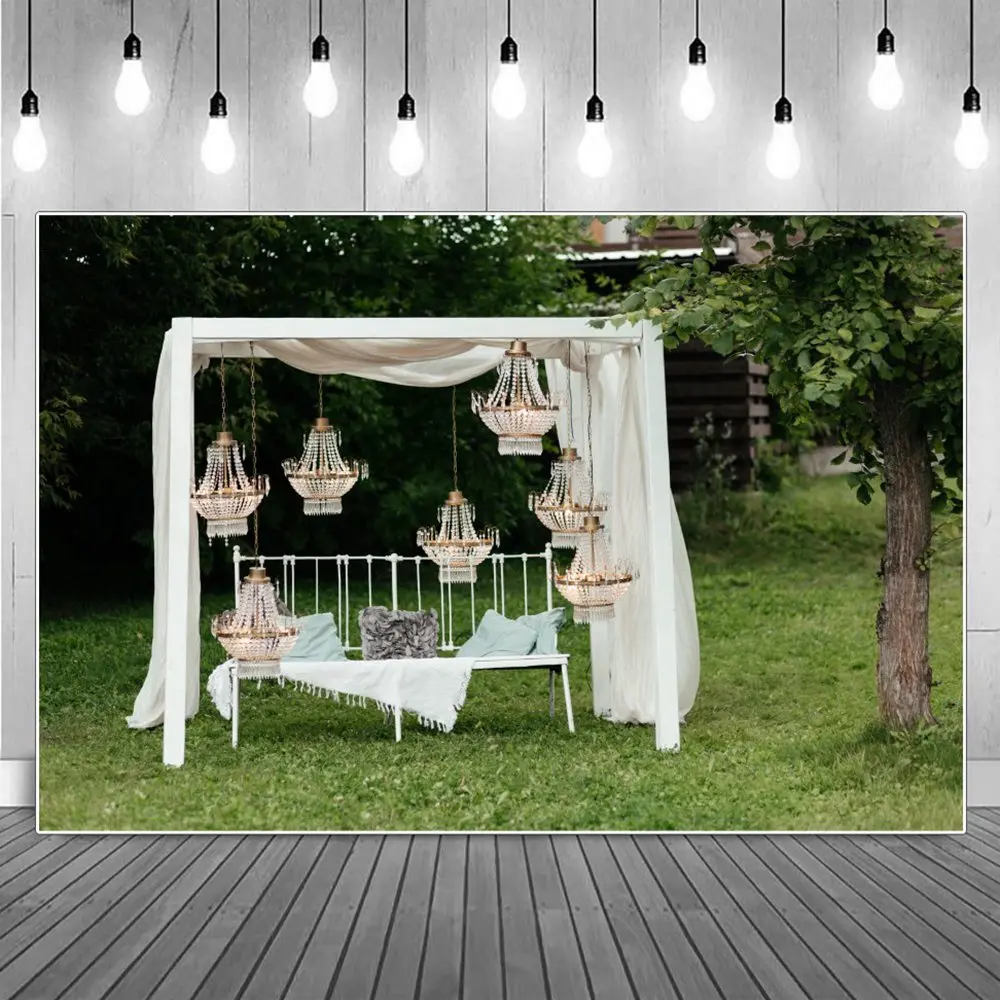 

Hanging Lamps Wedding Photography Backgrounds Green Trees Grass Curtain Decor Party Ceremony Portrait Photographic Backdrops