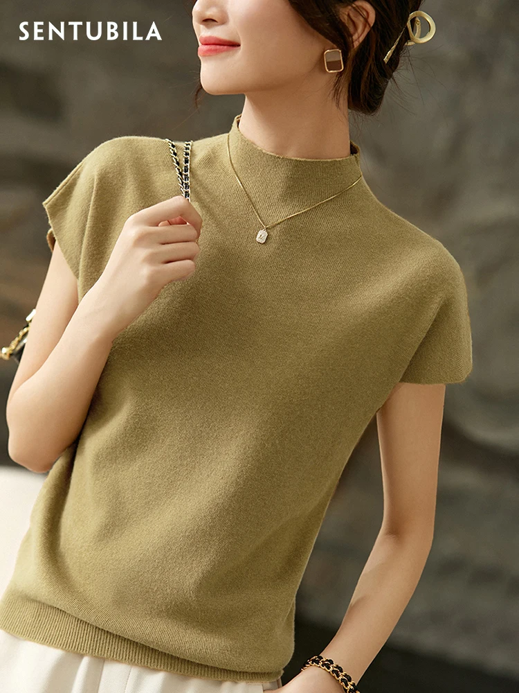 

Sentubila Short Sleeve Sweater Solid Women Stand-up Collar Fashion Top Casual Streetwear Harajuku Pullover Sweater W23H44609