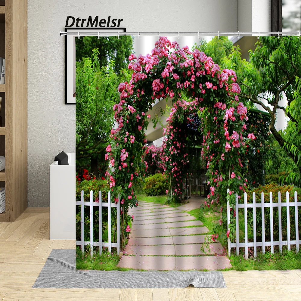 greek city street scenery shower curtain flower window blue wooden door floral plant landscape bathroom curtains set polyester free global shipping