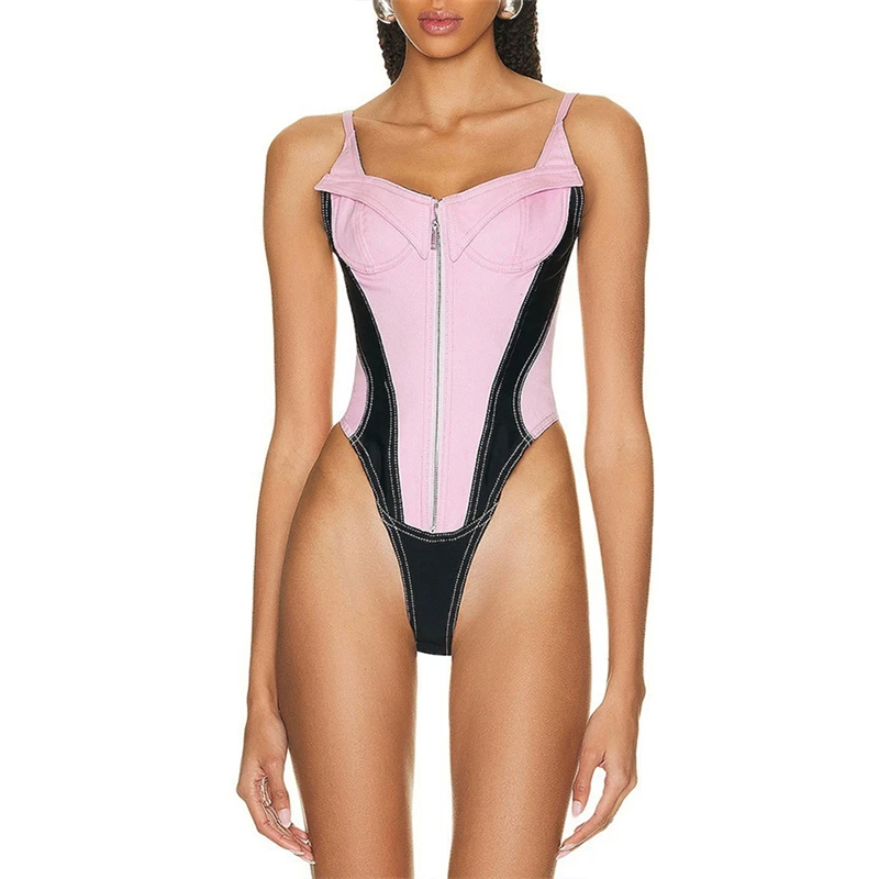 

Summer new women's denim color contrast stitching camisole one-piece top y2k high-quality fashion sexy vertical zipper slim top
