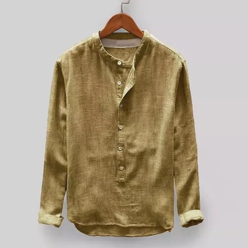Men Fashion Shirt 2022 Spring New Long Sleeve Casual Solid Color Cotton Linen Stand Mens Shirts Clothes | Мужская одежда