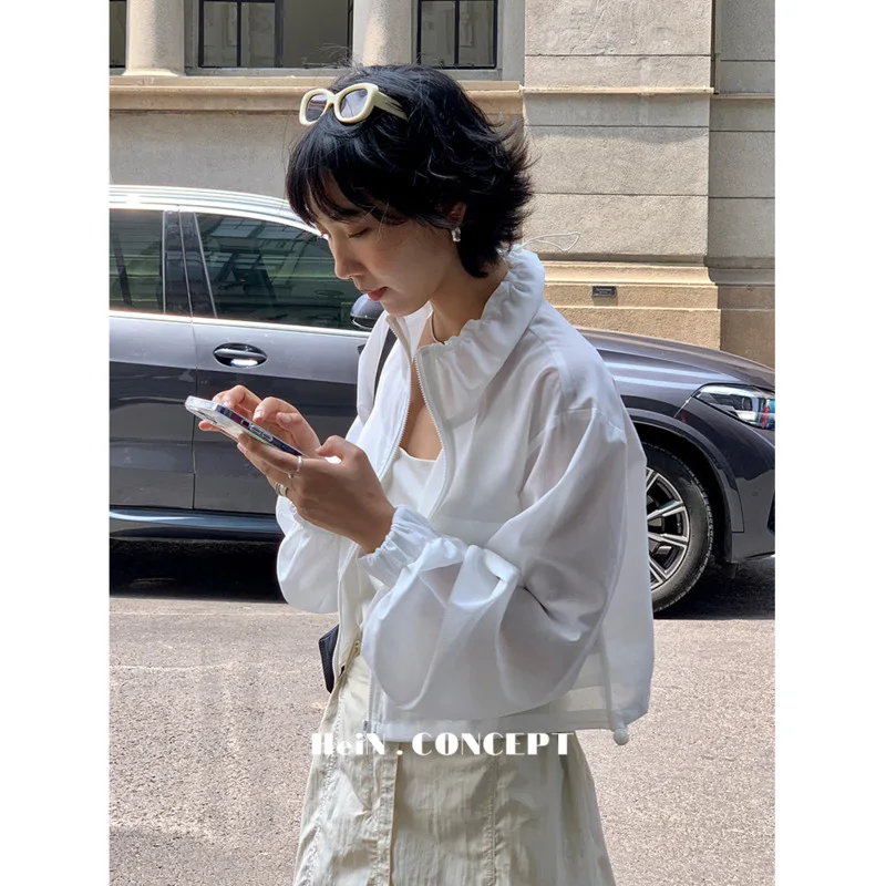

Summer Outdoor Sports Sunscreen Short Jacket Women Drawstring Stand Collar Light And Thin Casual Short Coat