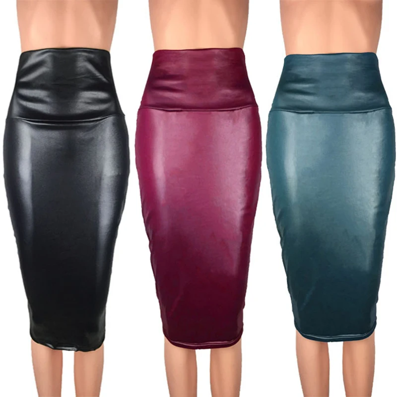 

Autumn Winter PU Leather Elegant Pencil Midi Skirts Slim High Waist Wrap Skirts Vintage Long Pencil Skirts Stretch Office Women