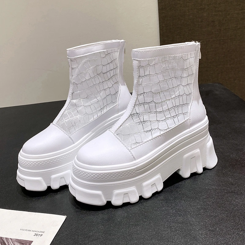 Chunky Summer Sneakers Women 2022 Thick Sole Platform Vulcanize Shoes Woman Casual 8CM Breathable Mesh White Shoes High Heels