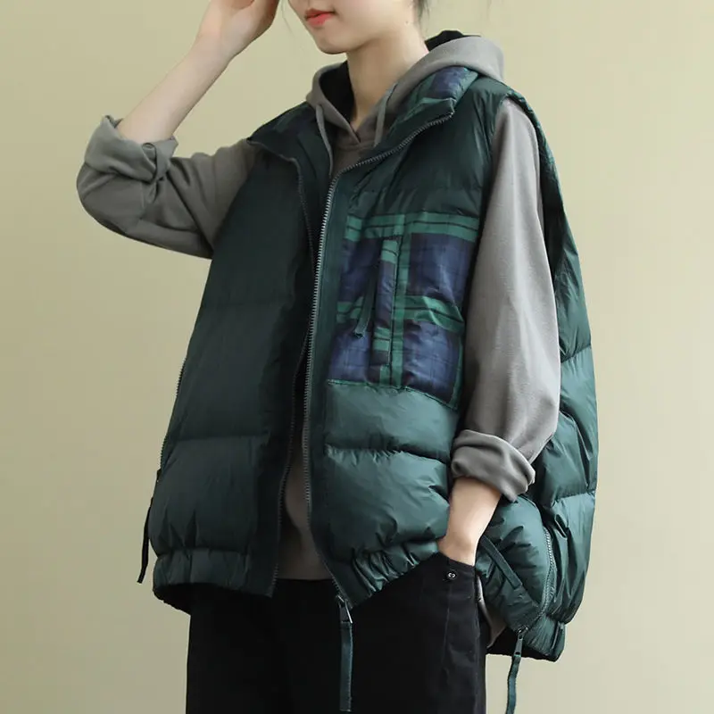 

2022 Short Vest Women Cotton Padded Fashion Plaid Women's Winter Sleeveless Jacket with Zipper Stand Collar Casual Coats D138
