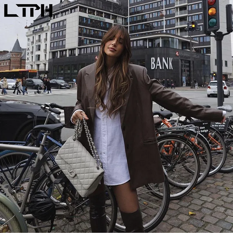 LTPH vintage coat PU faux leather blazer women jacket high quality elegant single-breasted casual outwear 2023 autumn new