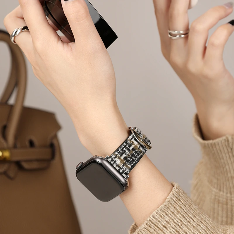 

Ремешок меховой кожаный для Apple Watch Band 49 мм 41 мм 45 мм, женский браслет для iWatch Series Ultra 8 7 SE 6 5 4 3 2 44/42/40/38 мм