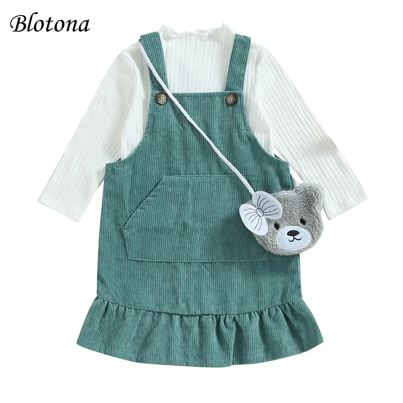 

Blotona Kids Girl 2 Piece Outfit Ribbed Long Sleeve Shirt and Ruffled Corduroy Suspender Dress for Toddler Fall Clothes 4-7Years