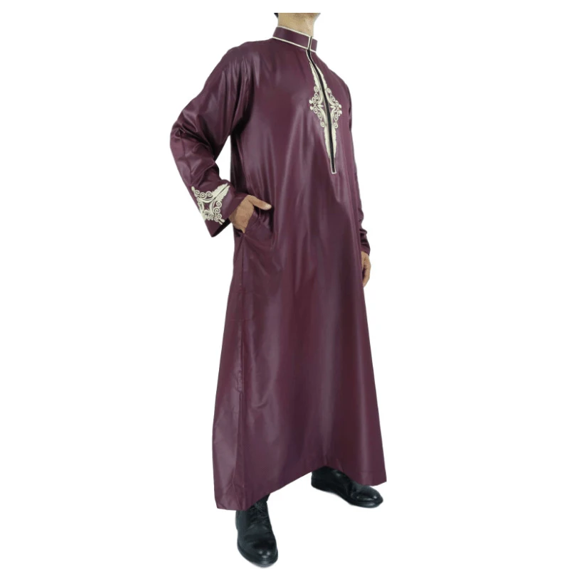 2022 Best Selling Muslim Men'S Islamic Kaftan Arabic Embroidered Long Sleeve Stand Collar Retro Shiny Rob Мусилманские Одежда Му