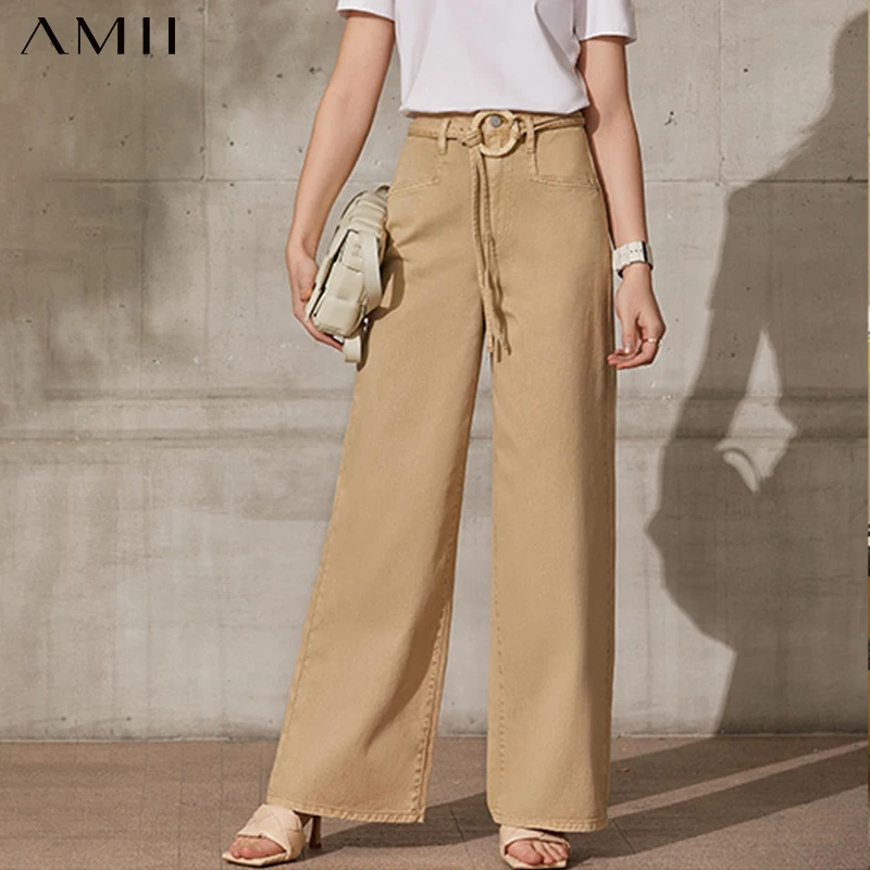 

Amii Minimalism Spring Summer Fashion Women's Jeans Causal High Waist Belt Loose Long Streetwear Women's Pants 12170114