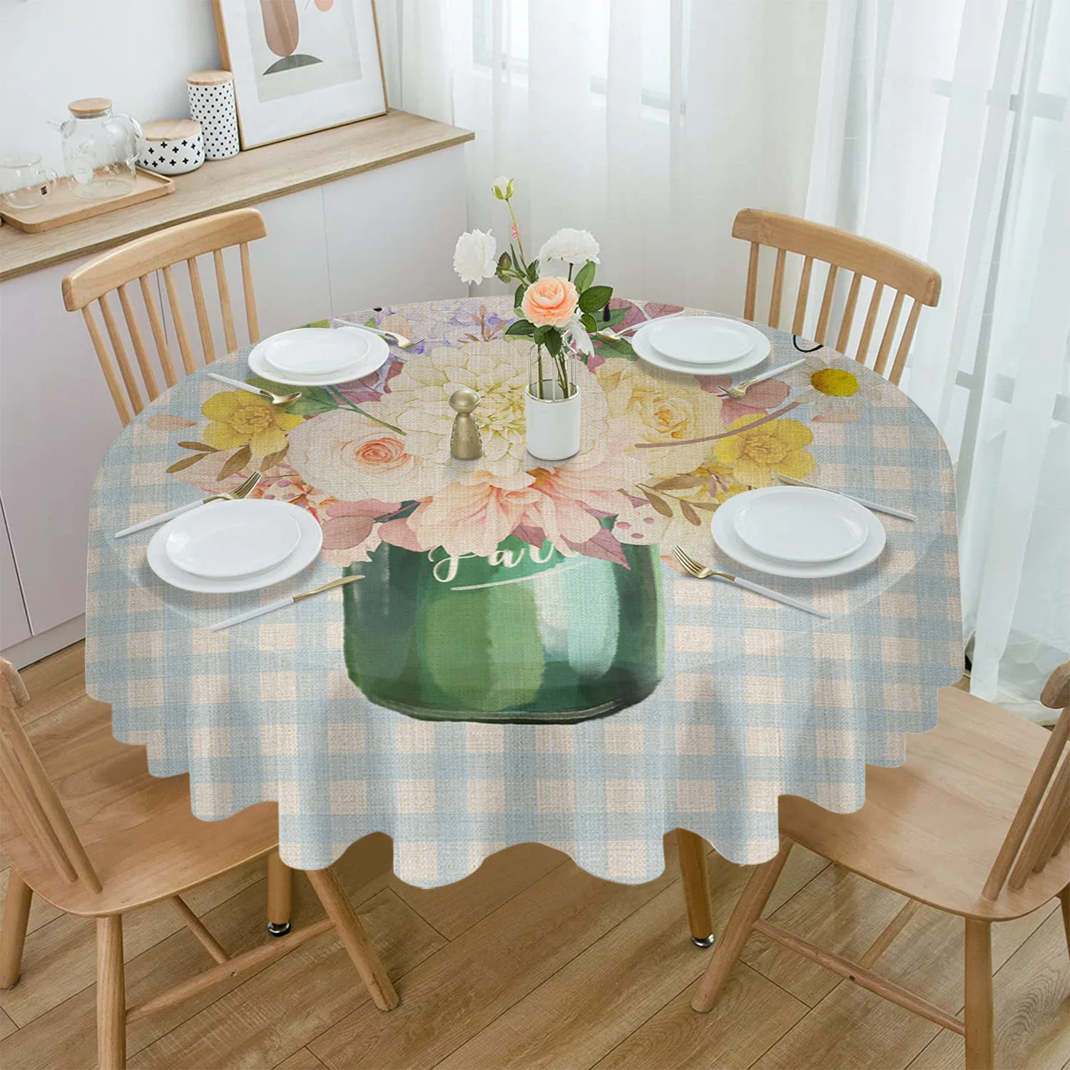 

Spring Flower Vase Daisy Plaid Round Table Cloth Festival Dining Waterproof Tablecloth Table Cover for Wedding Party Decor