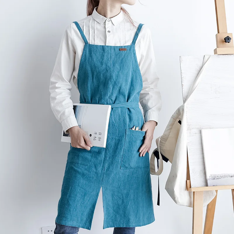 

Korean version of cotton linen apron net red quality solid color slit antifouling apron baking use cleaning apron
