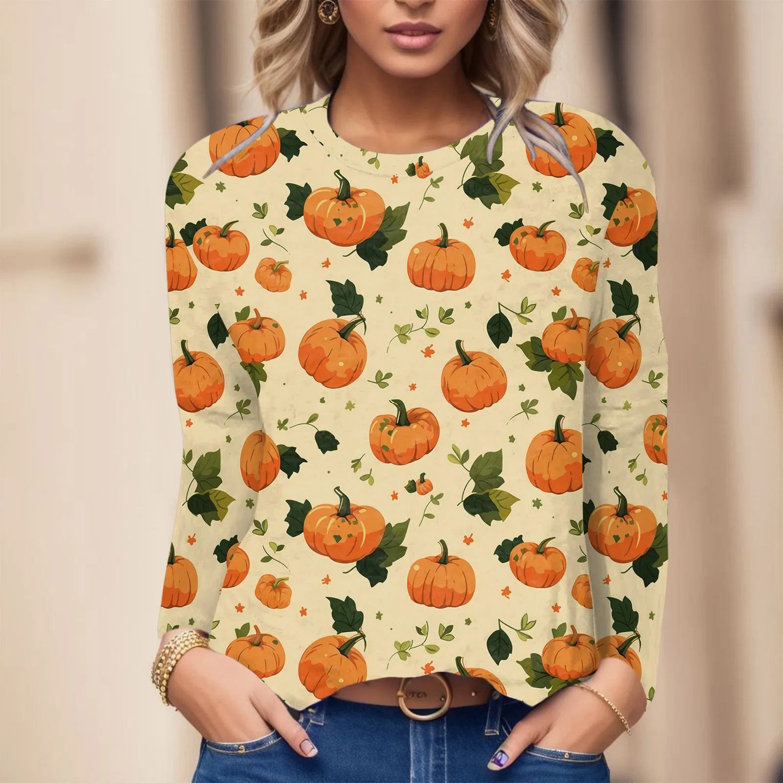 

Женская футболка с принтом тыквы, одежда для Хэллоуина, топы с длинным рукавом, футболка с круглым вырезом, шикарные удобные Блузы для женщин на осень и зиму