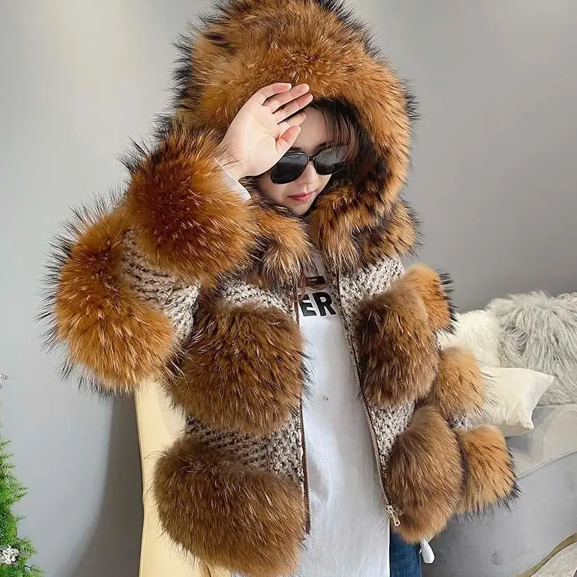 MISSJANEFUR Raccoon Fur Coat with Hood Women 2022 Thick Warm Real Fur Wool jacket Wholesale Fluffy Plush Winter Female Outwear enlarge