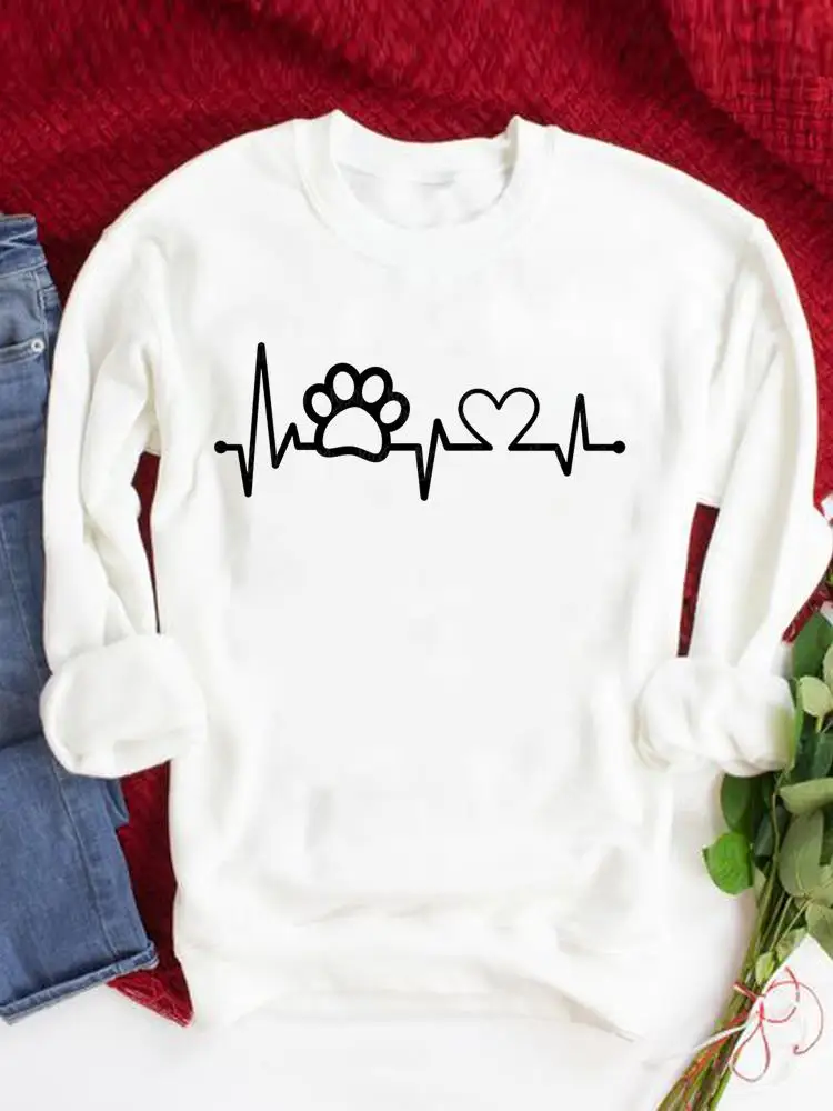 

Paw Love Heartbeat Cat Dog Lovely Graphic Sweatshirts Autumn Spring Fashion Women Print Pullovers O-neck Fashion Casual Clothing