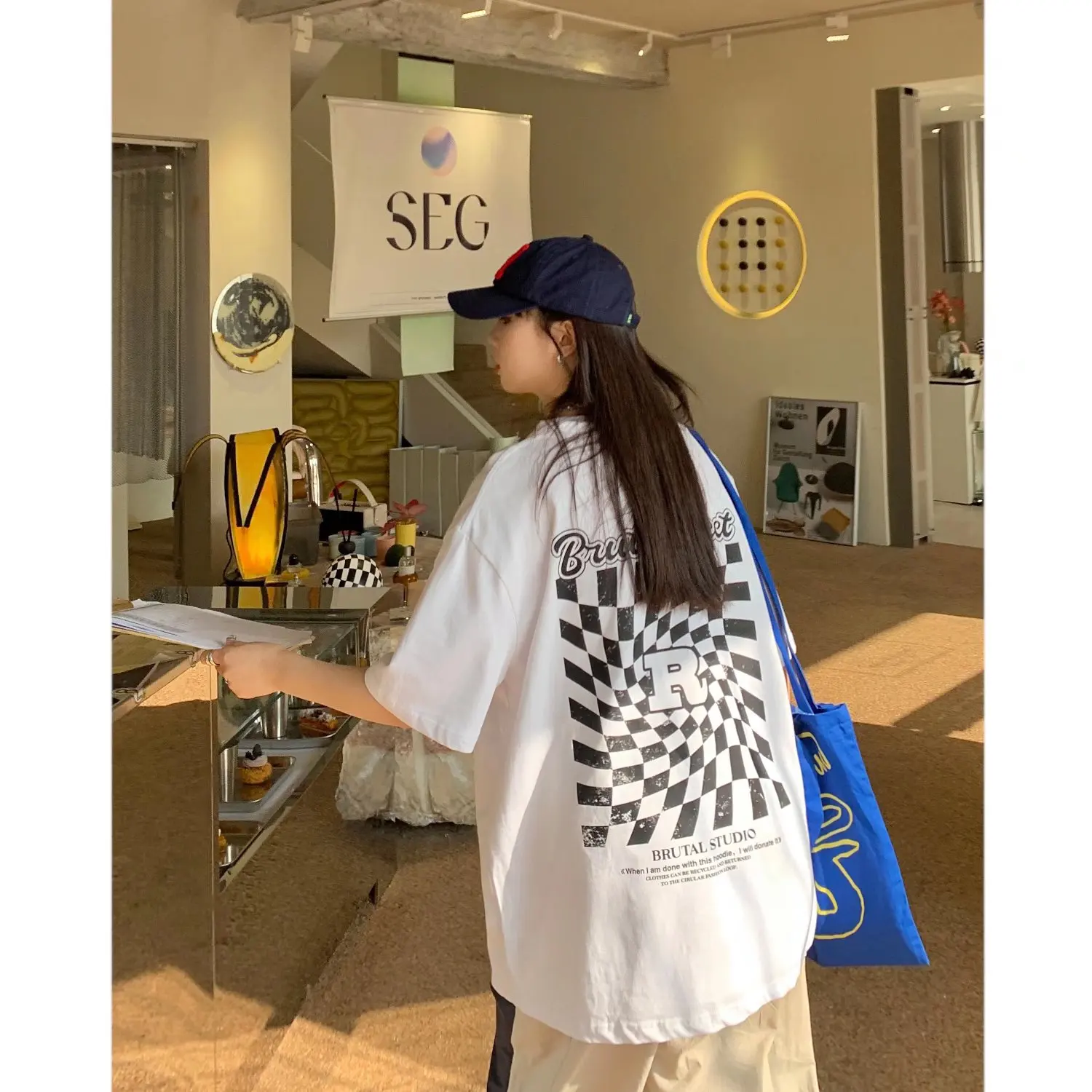 

American retro checkerboard short-sleeved t-shirt summer loose oversize design niche half-sleeved top ins trend new