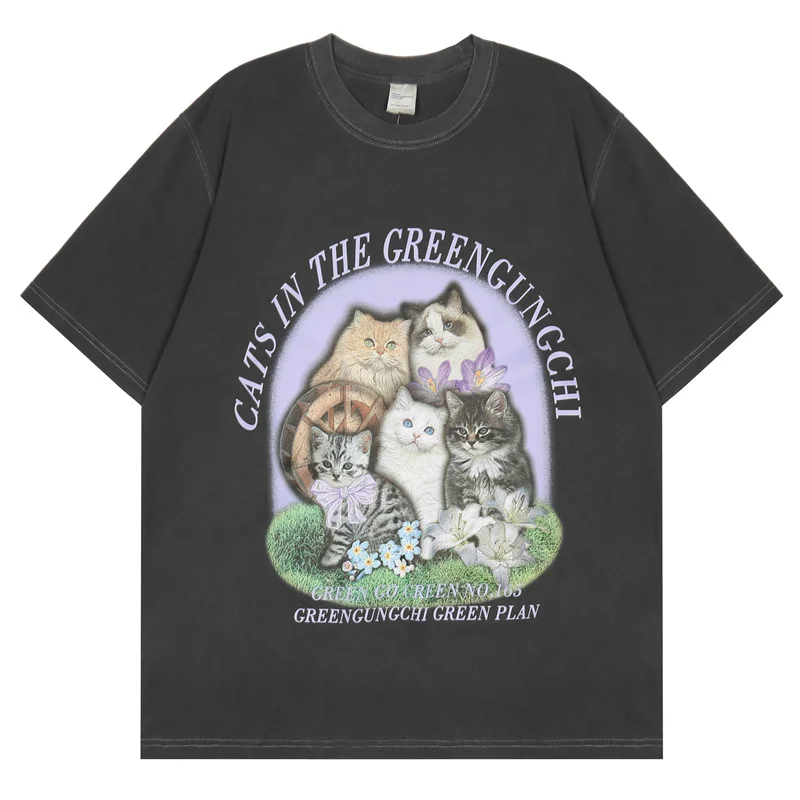 

Hip Hop Oversized Streetwear T Shirt Letter Cat Print Harajuku T Shirts 2022 Men Summer Fashion Vintage Short Sleeve Tops Tees