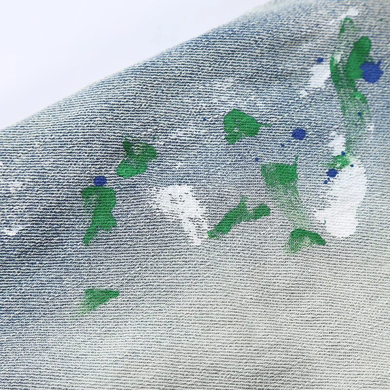 High Street Fashion Designer Men Jeans Retro Blue Stretch Skinny Ripped Jeans Men Button Fly Painted Patched Hip Hop Brand Pants