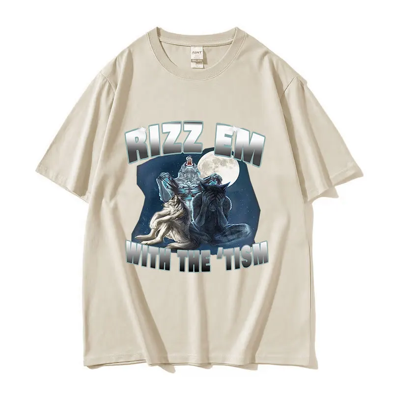 Rizz Em with The Tism Wolf Забавная футболка с мемом Мужская мода О-образным вырезом